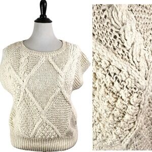 COUNTERPARTS Hand Knit SWEATER VEST M Ivory Chunky Cable Fisherman Neutral Artsy